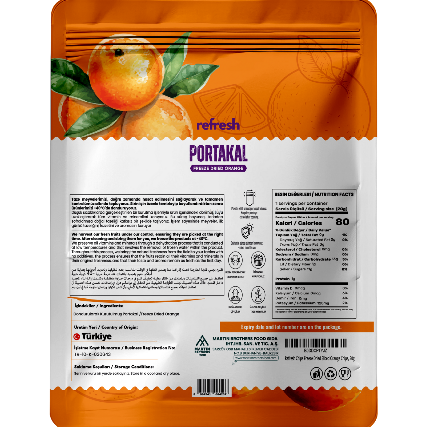 Refresh Dry Freeze Portakal Tozu 50g - Dondurularak Kurutulmuş Meyve Tozu