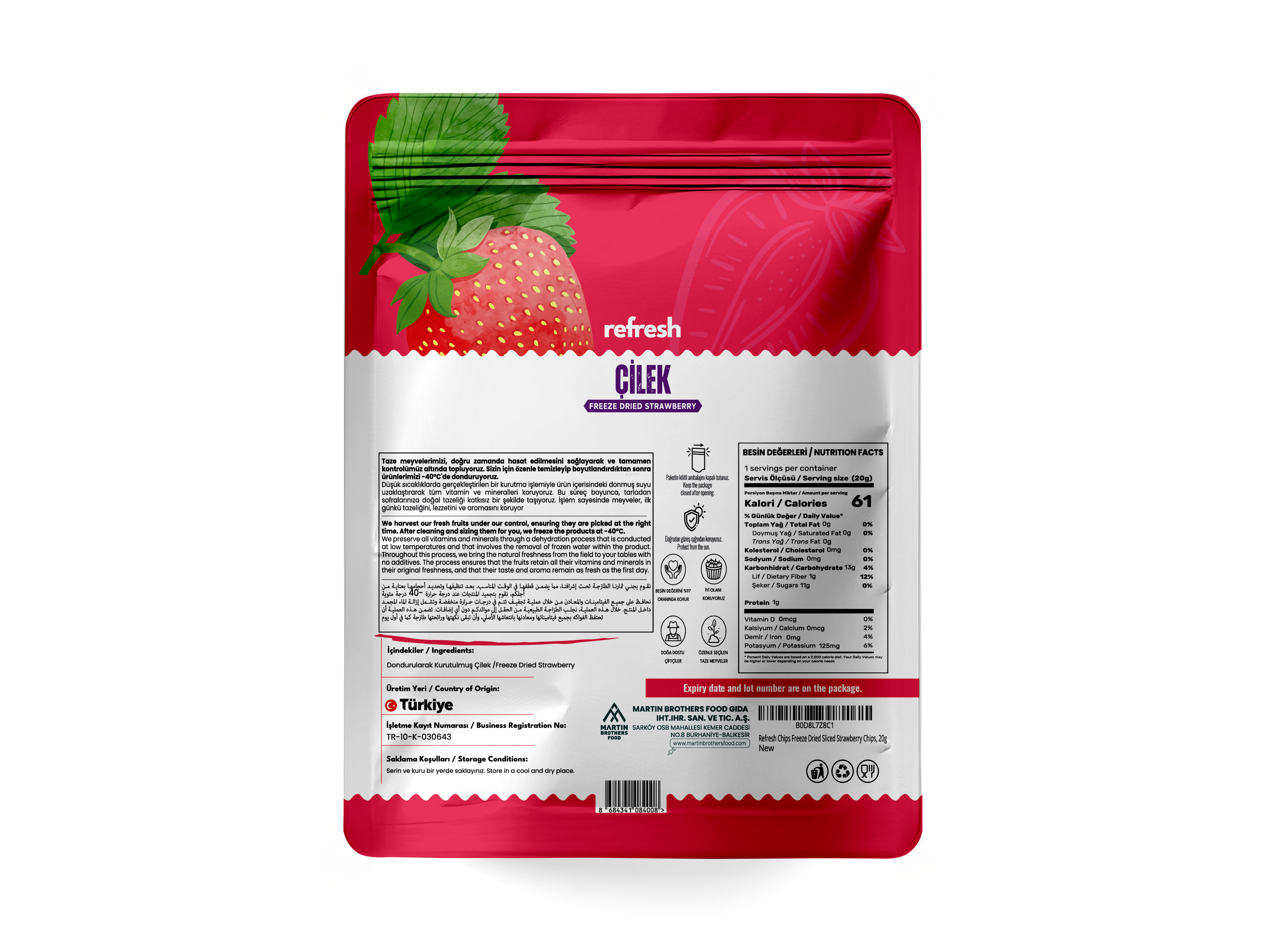 Refresh Dry Freeze Çilek Tozu 50g - Dondurularak Kurutulmuş Meyve Tozu